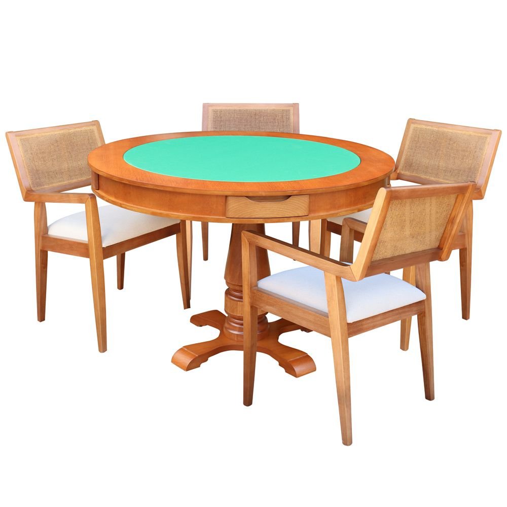 Mesa De Jogos Carteado Victoria Redonda Tampo Reversivel Amendoa Com 4 Cadeiras Megan Linho Bege Gran Belo Colombo
