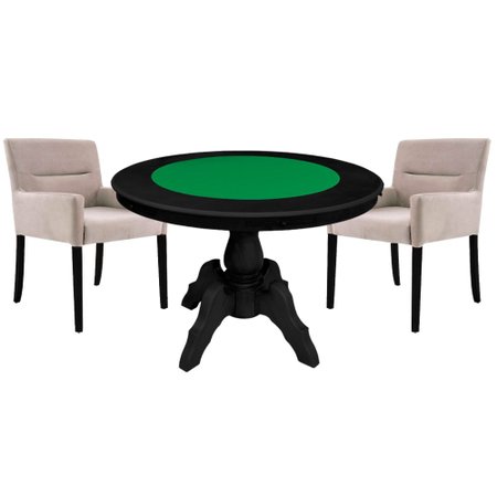 Mesa de Jogos Carteado Redonda Montreal Tampo Reversível Preto com 2 Cadeiras Vicenza Nude - Gran Belo