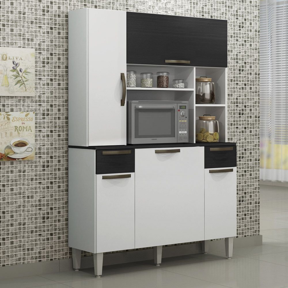 Armario De Cozinha 5 Portas 2 Gavetas Safira Salleto Moveis Branco Preto Colombo