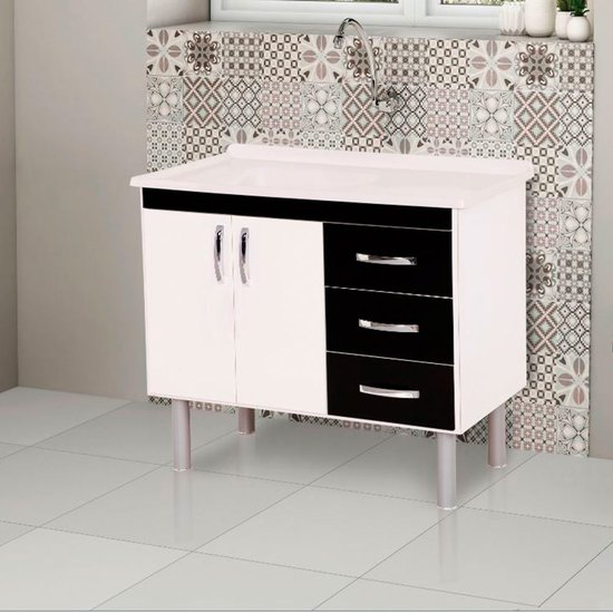 Balcão Tóquio com 2 Portas e 3 Gavetas para Pia de 120 cm Rorato - Branco com Preto