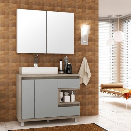 Conjunto Para Banheiro Com Espelheira E Gabinete Com Cuba Malbec 100cm Bosi Barrique Argento Colombo