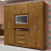Roupeiro Dubai 6 Portas 3 Gavetas Multifuncional com Painel para Tv de 32 Moval - Castanho com Wood