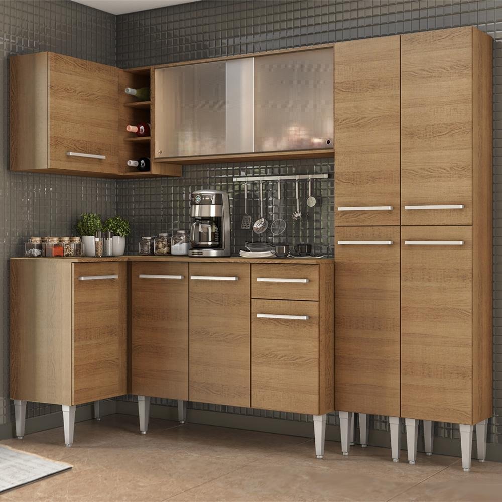 Cozinha Completa De Canto Madesa Emilly Self Com Balcao Armario Vidro Miniboreal E Paneleiro Colombo