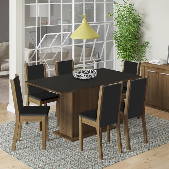 Conjunto Sala de Jantar Madesa Ohana Mesa Tampo de Madeira com 6 Cadeiras - Rustic/Preto/Sintético Preto