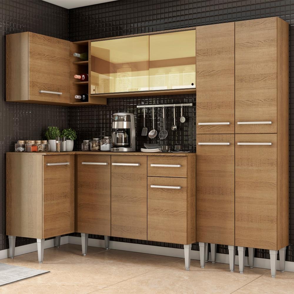 Cozinha Completa De Canto Madesa Emilly Line Com Balcao Armario Vidro Reflex E Paneleiro Colombo