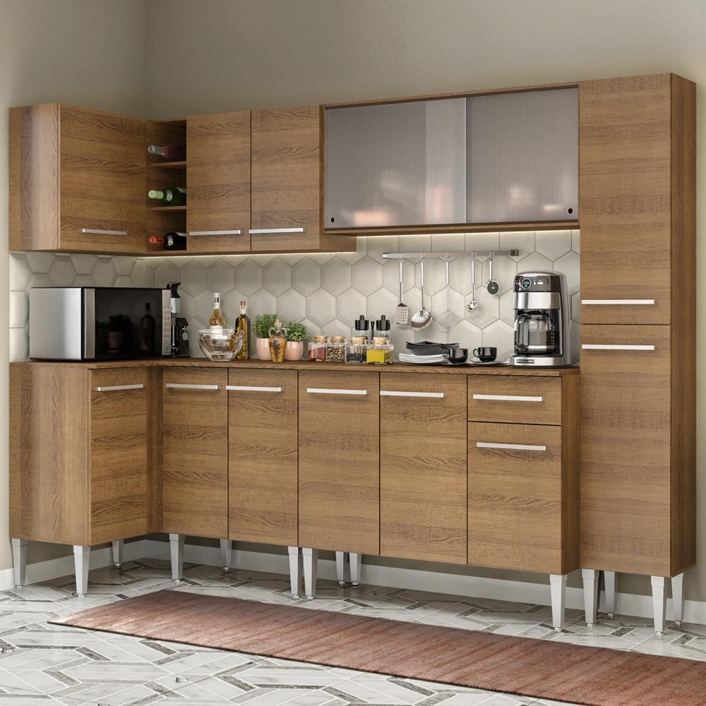 Cozinha Completa De Canto Madesa Emilly Space Com Armario Vidro Miniboreal Balcao E Paneleiro Colombo