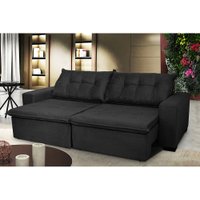 Sofá Austrália 2,32m Retrátil, Reclinável, Molas e Pillow no Assento Tecido Suede Preto Cama InBox