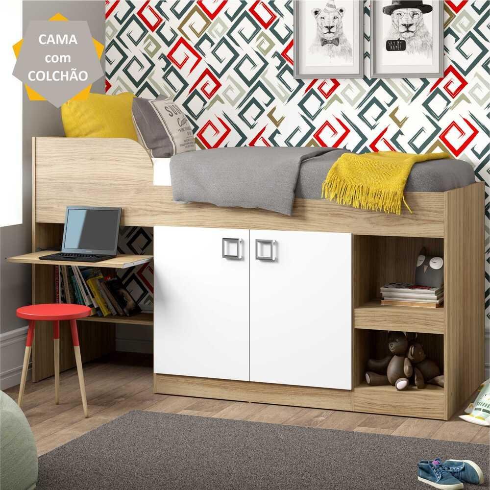Cama Solteiro Com Colchao Incluso Armario E Escrivaninha Multimoveis Argila Branco Colombo