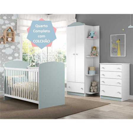 Quarto Infantil Completo Joao E Maria Multimoveis Com Colchao Berco Guarda Roupa E Comoda Bco Azul Colombo