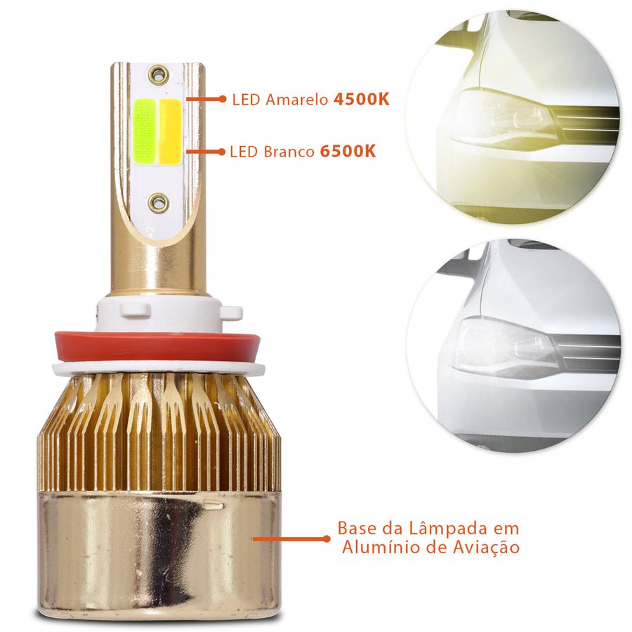 Par Lâmpadas Super LED Dual Color H11 4500K 6500K 36W 8000LM Duas Cores