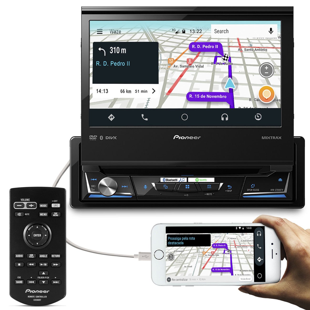 DVD Player Pioneer AVH-Z7180TV 1 Din Retrátil 7" Bluetooth USB MP3 TV ...