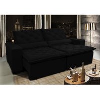 Sofá Lisboa 2,32m Retrátil, Reclinável, Molas no Assento Tecido Suede Velusoft Preto Cama InBox