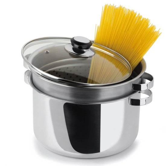 Panela Espagueteira 7,2L Aço Inox Cozi-Pasta Com Escorredor E Tampa De Vidro