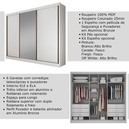 Guarda-Roupa Casal com Espelho 3 Portas Diamond - Novo Horizonte - Branco