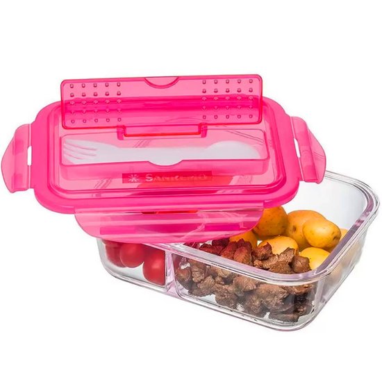 Marmita Com Talheres 1L Pote Vidro Com Divisória E Tampa Hermética Rosa