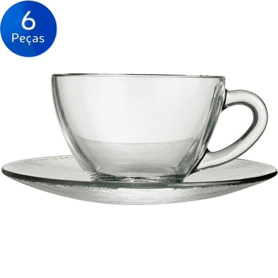 Conjunto 6 Xícaras De Vidro com Pires 170ml Jogo Transparente Café E