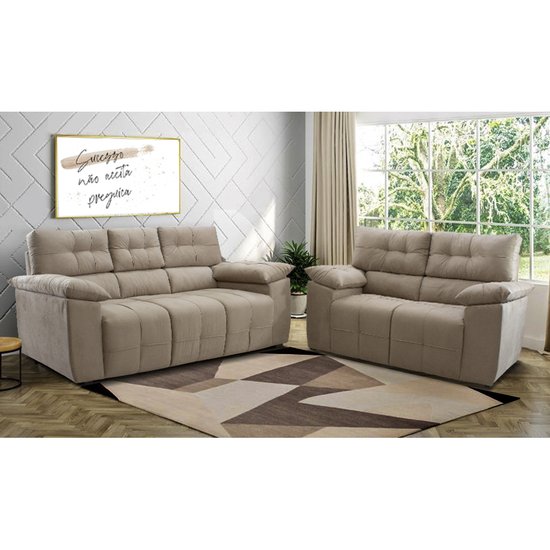 Conjunto de Sofá 2 e 3 Lugares Clássico Cama Inbox 1,50x2,00m Tecido Suede Bege