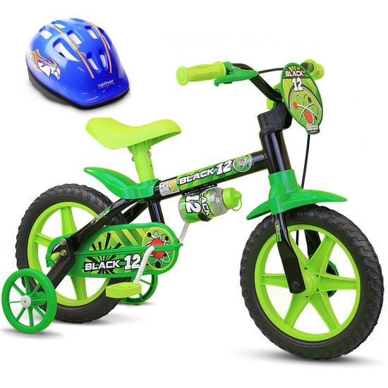 Bicicleta Criança De 3 A 4 Anos Aro 12 Menino Black 12 Com Capacete Azul Nathor