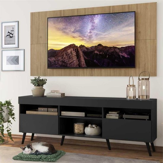 Rack c/ Painel TV 65" Preto/Rustic Londres Multimóveis Pés Retrô Preto