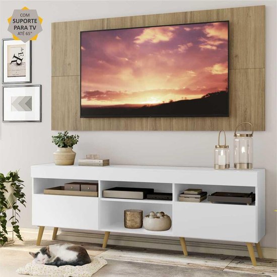 Rack c/ Painel e Suporte TV 65" Branco/Rustic Londres Multimóveis Pés Retrô Natural