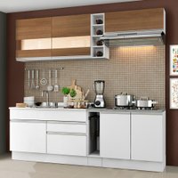 Cozinha Completa Madesa Parma com Armário Branco/Rustic e Balcão Branco (Sem tampo e Pia) Detalhe em Vidro