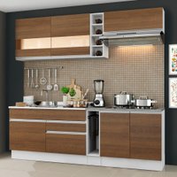 Cozinha Completa Madesa Parma com Armário Branco/Rustic e Balcão Branco/Rustic (Sem tampo e Pia) Detalhes em Vidro