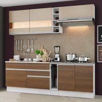 Cozinha Completa Madesa Parma com Armário Branco/Crema e Balcão Branco/Rustic (Sem tampo e Pia) Detalhe em Vidro