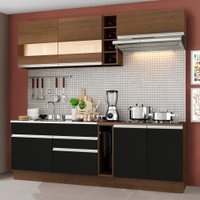 Cozinha Completa Madesa Parma com Armário Rustic e Balcão Rustic/Preto (Sem tampo e Pia) Detalhe em Vidro
