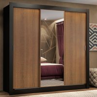 Guarda Roupa Casal Madesa Lyon Plus 3 Portas de Correr com Espelho 4 Gavetas - Preto/Rustico
