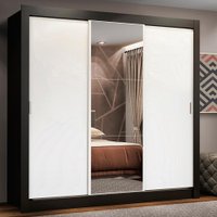 Guarda Roupa Casal Madesa Lyon Plus 3 Portas de Correr com Espelho 4 Gavetas - Preto/Branco
