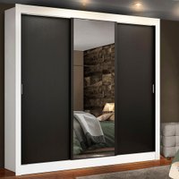 Guarda Roupa Casal Madesa Lyon Plus 3 Portas de Correr com Espelho 4 Gavetas - Branco/Preto