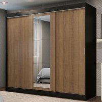 Guarda-Roupa Casal Madesa Kansas 3 Portas de Correr com Espelho 3 Gavetas - Preto/Marrom
