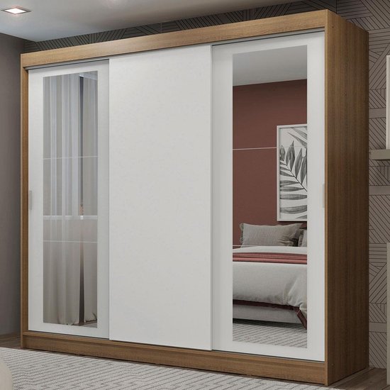 Guarda-Roupa Casal Madesa Kansas 3 Portas de Correr com Espelhos 3 Gavetas - Marrom/Branco