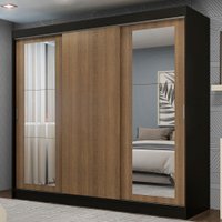 Guarda-Roupa Casal Madesa Kansas 3 Portas de Correr com Espelhos 3 Gavetas - Preto/Marrom