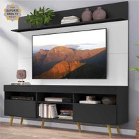Rack c/ Painel e Suporte TV 65" Madri Multimóveis Preto/Branco com Prateleira e Pés Retrô Natural