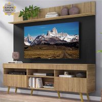 Rack com Painel e Suporte TV 65" Madri Multimóveis Rustic/Preto com Prateleira e Pés Retrô Natural