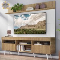 Rack com Painel e Suporte TV 65" Madri Multimóveis Rustic/Branco com Prateleira e Pés Retrô Branco