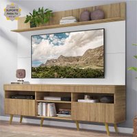 Rack com Painel e Suporte TV 65" Madri Multimóveis Rustic/Branco com Prateleira e Pés Retrô Natural