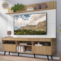 Rack com Painel e Suporte TV 65" Madri Multimóveis Rustic/Branco com Prateleira e Pés Retrô Preto
