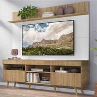 Rack com Painel TV 65" Madri Multimóveis Rustic/Branco com Prateleira e Pés Retrô Natural