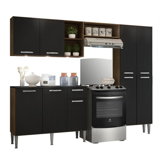 Cozinha Completa Compacta c/ 3 Leds, Armário e Balcão c/ Tampo 3 pç Pequim Multimóveis Madeirado/Pto