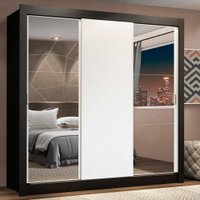 Guarda-Roupa Casal Madesa Lyon Plus 3 Portas de Correr com Espelhos 4 Gavetas - Preto/Branco