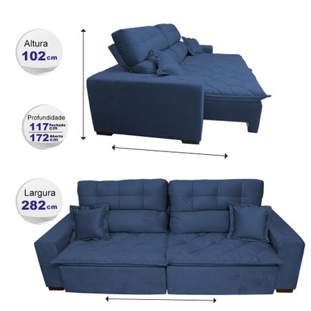 Sofá 2,82m Retrátil e Reclinável com Molas Cama inBox Confort Tecido Suede Velusoft Azul