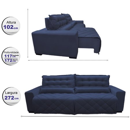 Sofá 2,72m Retrátil e Reclinável com Molas Cama inBox Plus Tecido Suede Velusoft Azul