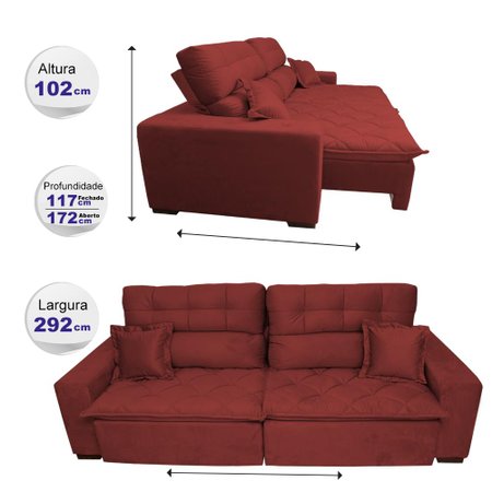Sofá 2,92m Retrátil e Reclinável com Molas Cama inBox Confort Tecido Suede Velusoft Vermelho