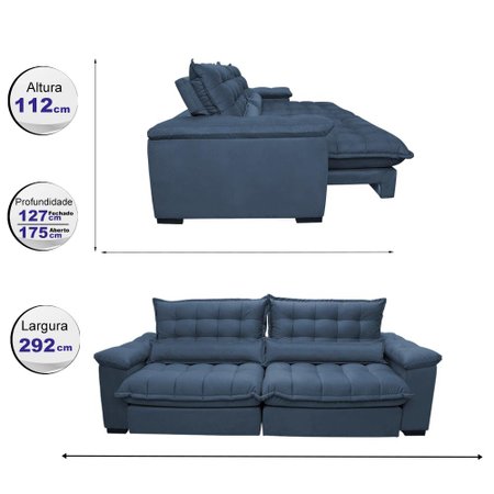 Sofá Retrátil e Reclinável 2,92m com Molas Ensacadas Cama inBox Aconchego Tecido Suede Azul