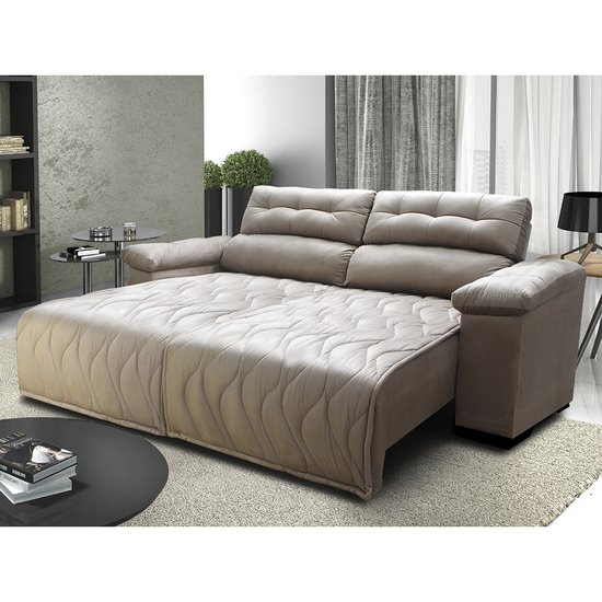 Sofá 2,12m Retrátil e Reclinável com Molas Cama inBox Top Tecido Suede Velusoft Bege