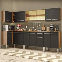 Cozinha Completa de Canto Madesa Emilly Mega com Armário Vidro Reflex e Balcão - Preto/Rustic