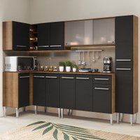 Cozinha Completa de Canto Madesa Emilly Space com Armário Vidro Miniboreal, Balcão e Paneleiro - Preto/Rustic