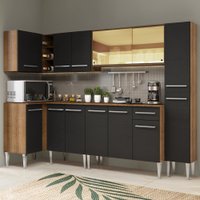 Cozinha Completa de Canto Madesa Emilly Wave com Armário Vidro Reflex, Balcão e Paneleiro - Preto/Rustic